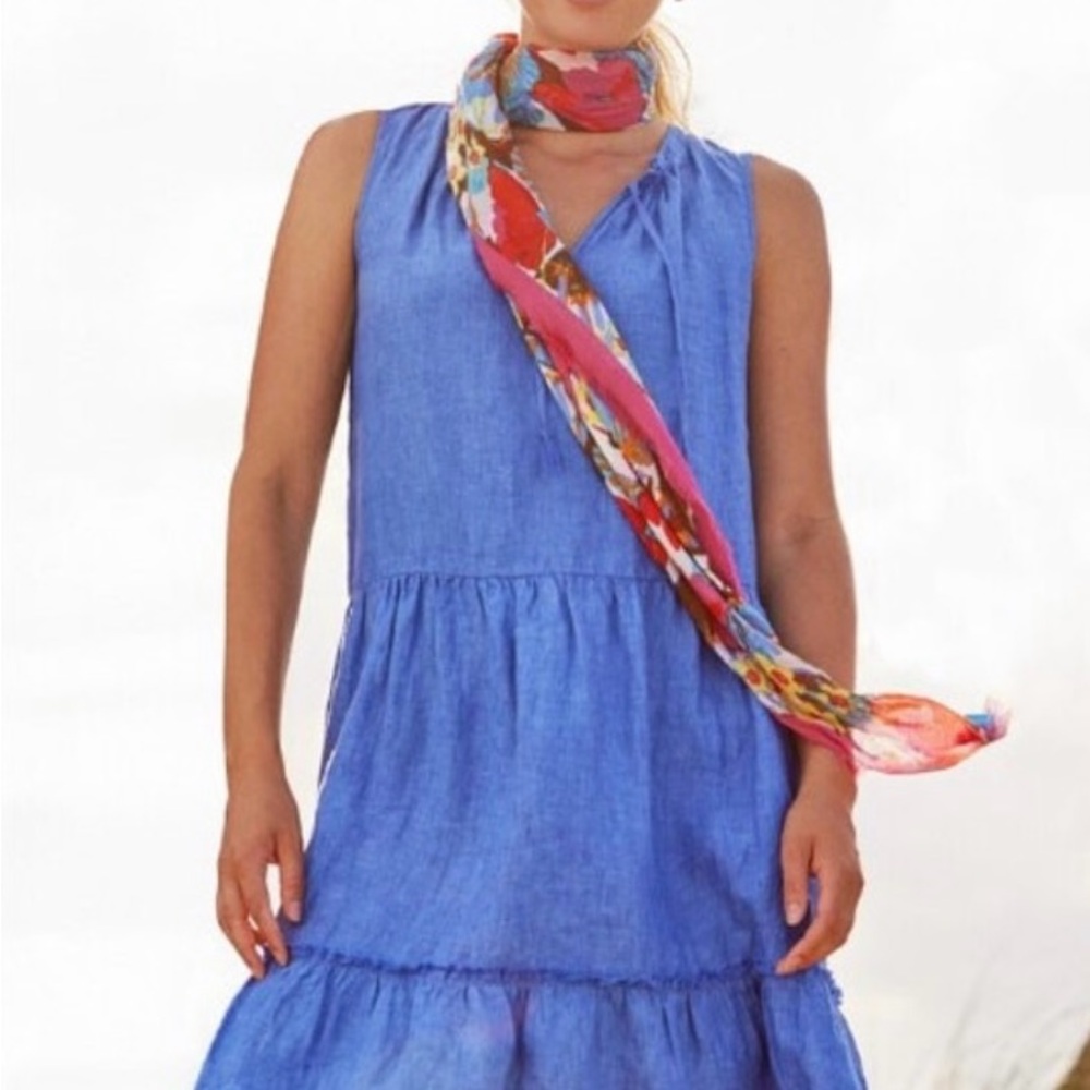 J MCLAUGHLIN Christa Blue 100% Linen Tiered Dress Size XL Sleeveless Resort NWT